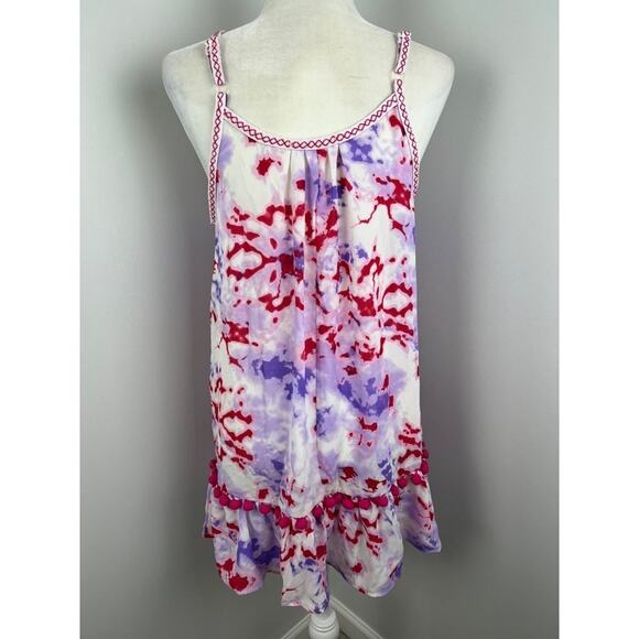 Miken Swim Sheer Purple Red Tie Dye Pom Pom Swim Beach Coverup M - Picture 3 of 6